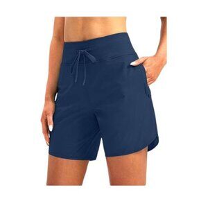 G Gradual Women's 7" Quick Dry High Waist Swim Shorts UPF 50+ Pockets Blue M